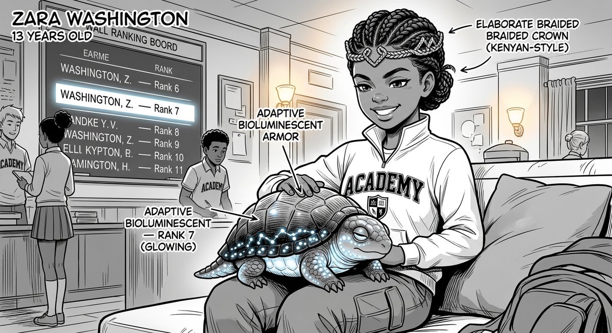 Character portrait of Zara Washington, a 13-year-old Black girl with dark skin and French-braided…