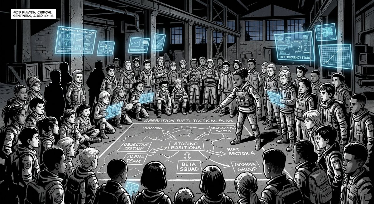 The war council – forty-three kids gathered around Jordan’s chalk sketch on the warehouse floor, holographic tactical displays flickering on the walls behind them
