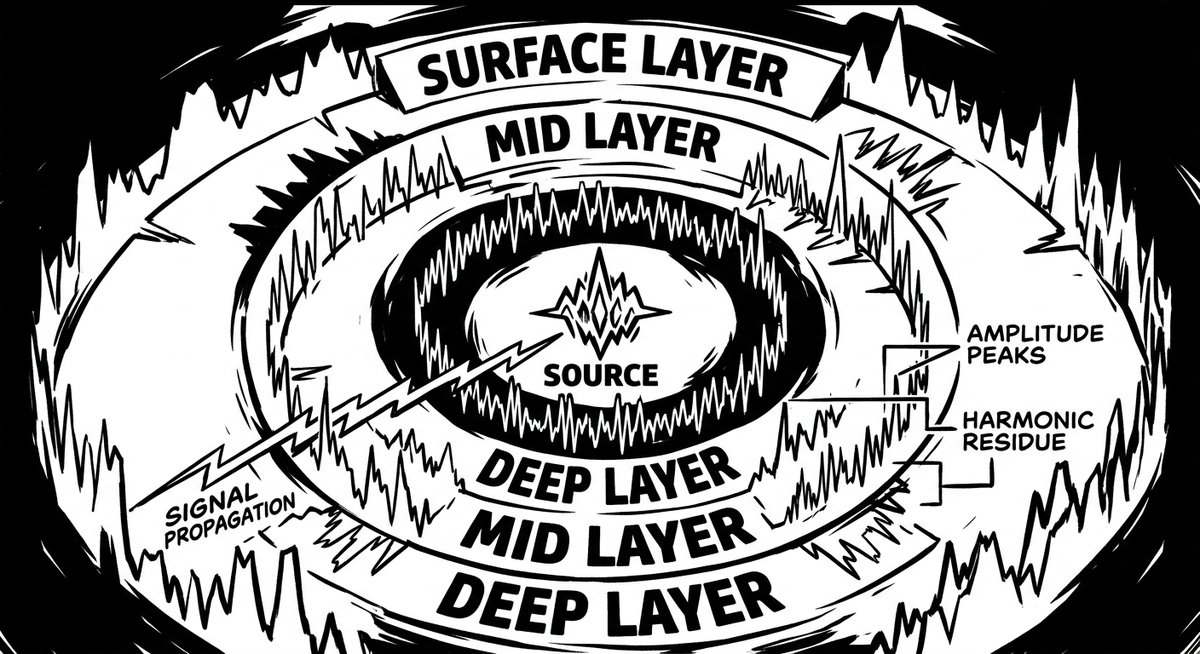 Hiro’s signal analysis diagram showing layers of frequency peeled apart like an onion, with the Architect’s carrier wave highlighted at the deepest level