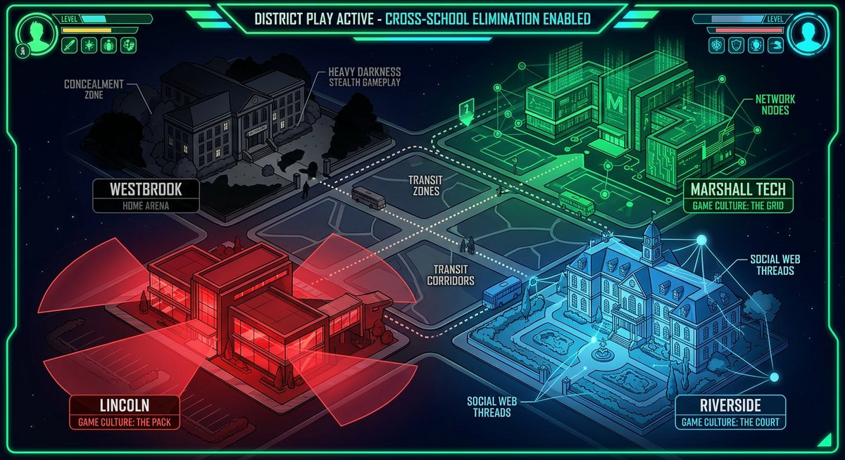 The District Play map glows on Nadia’s HUD – four school buildings connected by transit corridors, each styled differently: Westbrook in noir shadows, Lincoln in aggressive red angles, Riverside in elegant blue curves, Marshall Tech in pulsing digital green. The arena has expanded from one building to a constellation.