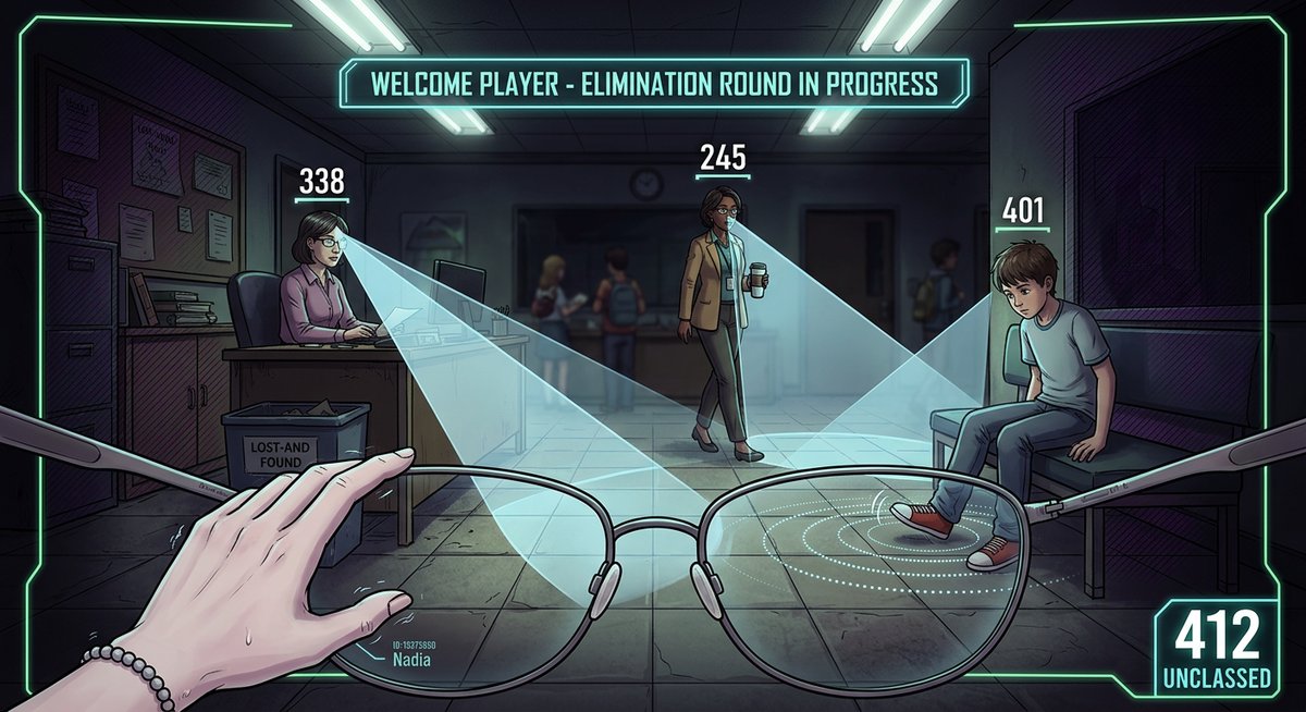 Nadia’s first HUD activation in the school office, showing sight cones, sound radii, and rank numbers floating above heads