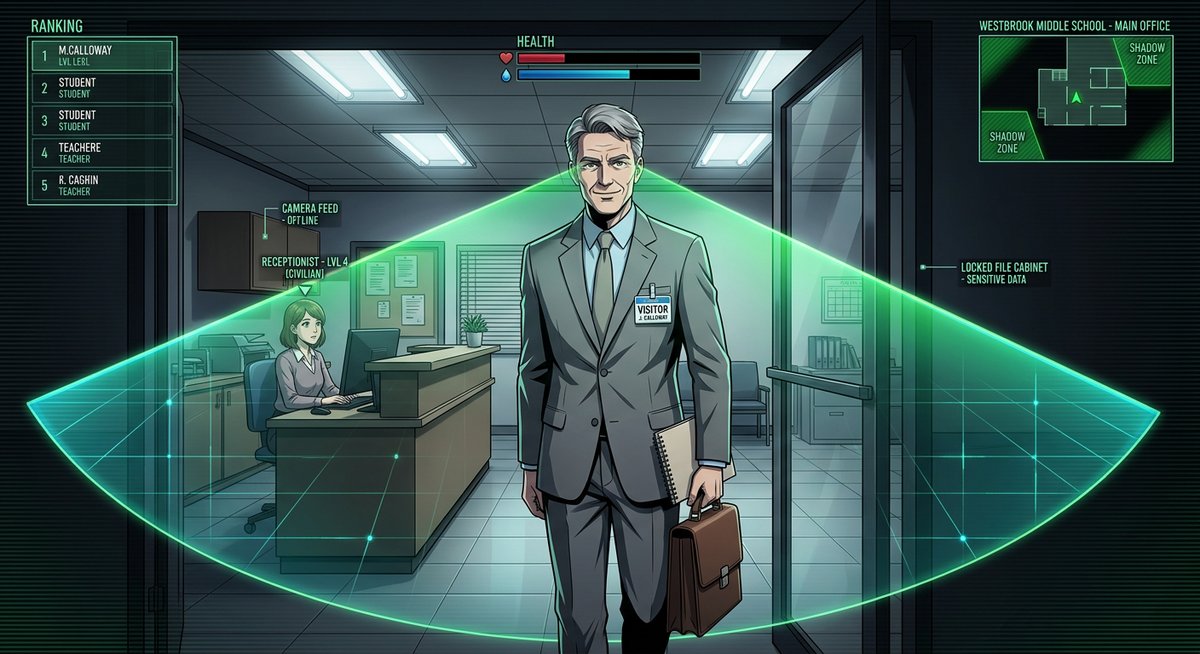 Mr. Calloway entering Westbrook’s front office – drawn in sharp shadows and angular framing, wearing a visitor’s badge and a pleasant smile, his sight cone radiating outward like a searchlight sweeping everything in the room
