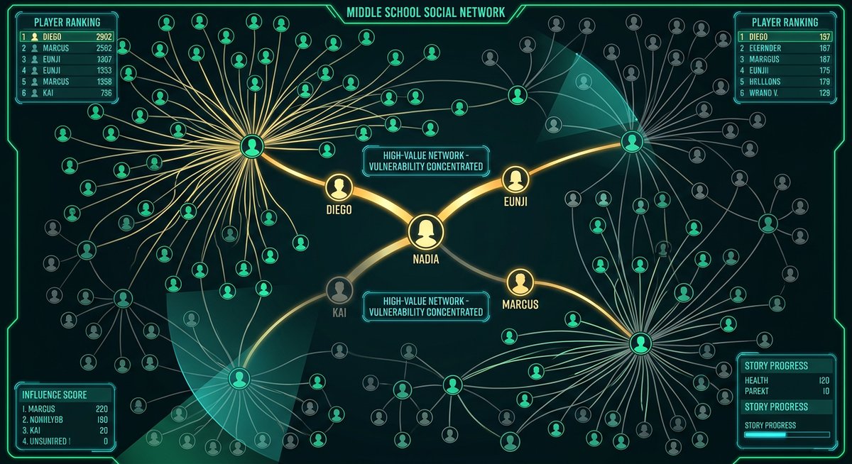 The school’s social web visualization – hundreds of glowing threads connecting student silhouettes throughout the hallway, with Nadia’s four-thread cluster highlighted in the center, starkly minimal against the sprawling networks around her